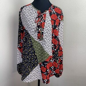 Libby Edelman Blouse Women's Large‎ Multicolor Patchwork Floral Tie Front Boho